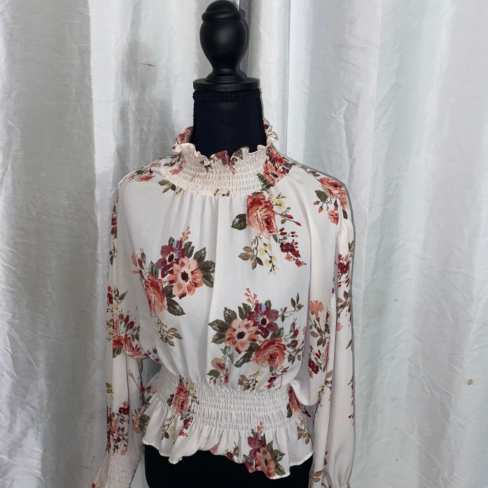 Shinestar Floral Smocked Blouse - Cream and Pink